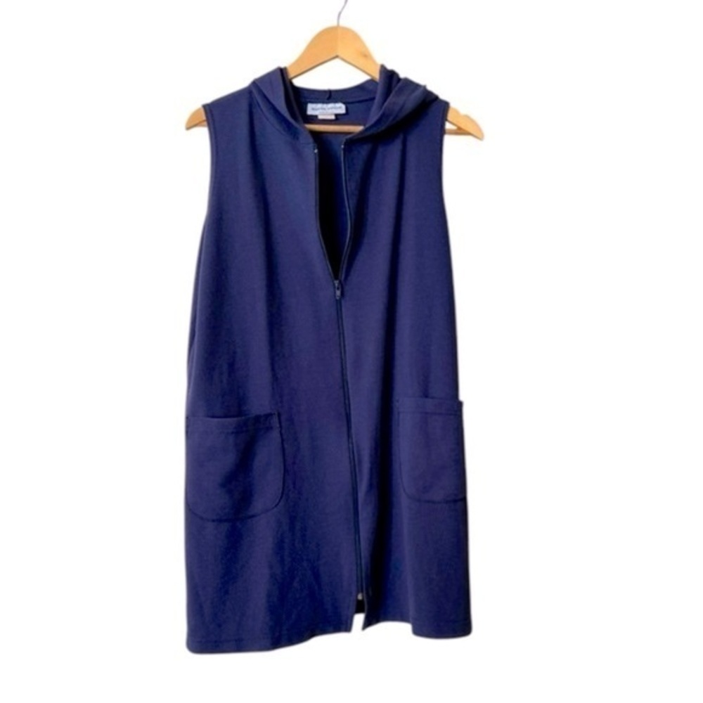 JORDAN TAYLOR navy blue sleeveless zip up swim cover up w/ hood & pockets, XL